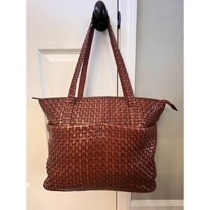 Talbots Brown Genuine Leather Woven Braided Satchel Shoulder Purse Basket Tote